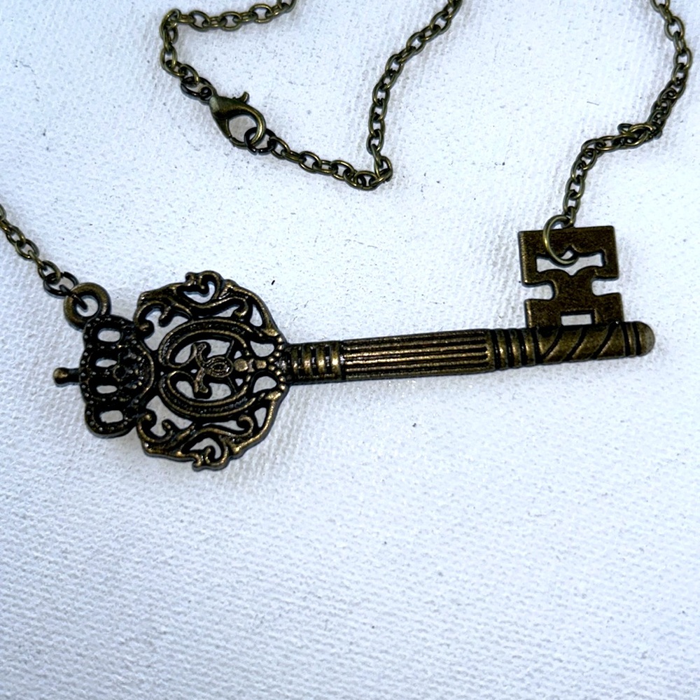 Handmade Antique Bronze Key Necklace Moon Star Dangles Victorian Goth Steampunk